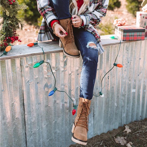 NWT Oasis Society Vegan Leather Suede Lace Up Chunky Boots Booties Camel Brown - Picture 6 of 7